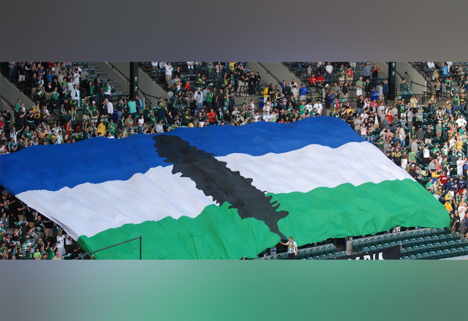 caption: Friends: this could be us. Patriotically flying our proud region's standard - Cascadia.