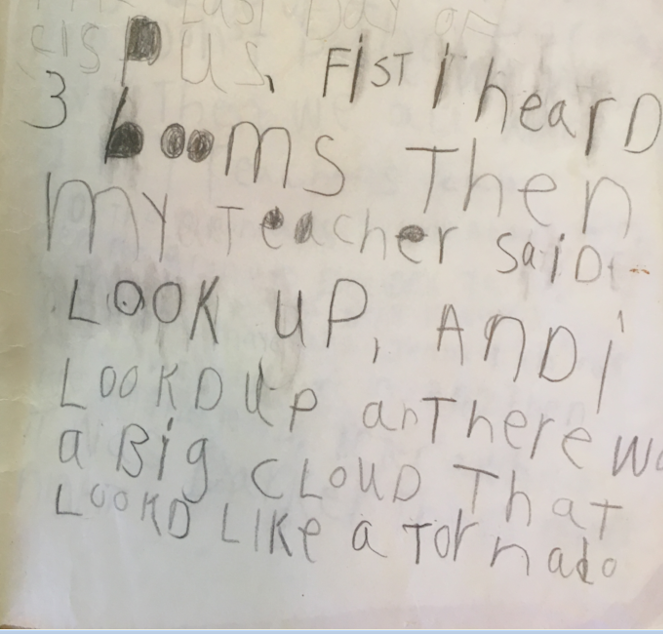 caption: An excerpt from Austin Jenkins' first grade journal about the Mount St. Helens eruption on May 18, 1980.