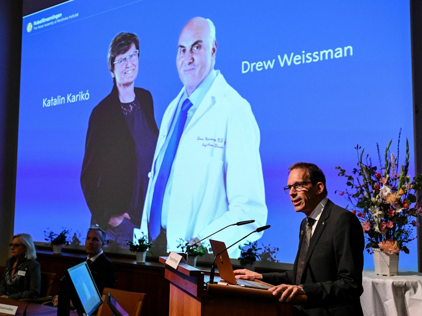caption: Secretary-General of the Nobel Assembly Thomas Perlmann speaks in front of a picture of Katalin Karikó and Drew Weissman, winners of the 2023 Nobel Prize in Physiology or Medicine, at the Karolinska Institute in Stockholm on Monday.