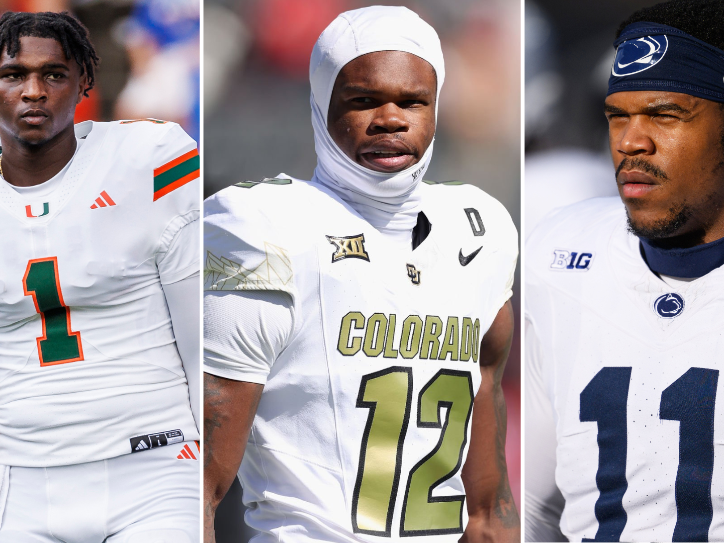 caption: The 2025 NFL Draft gets underway Thursday night. Where will (left to right) Miami quarterback Cam Ward, Colorado wide receiver Travis Hunter, and Penn State defensive end Abdul Carter end up?