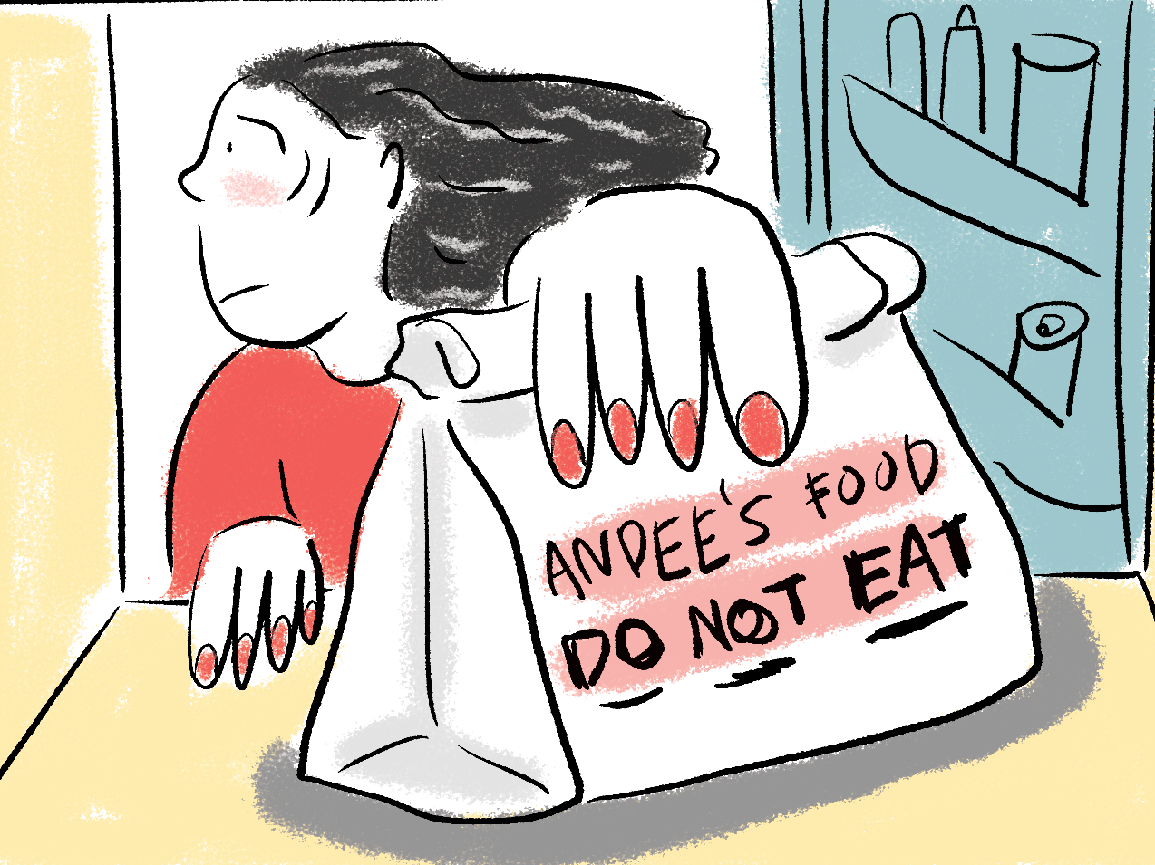 A woman grabs a bag of lunch in a fridge that says "Andee's food do not eat."