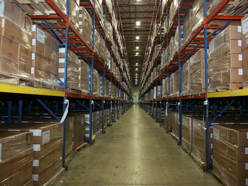 caption: One of the warehouses where stockpiled medicine, and medical supplies, are kept.