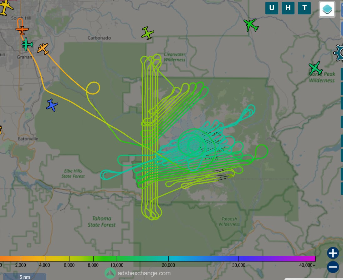 caption: The flight path of an Owyhee Air Research plane over Mount Rainier National Park on Sept. 21