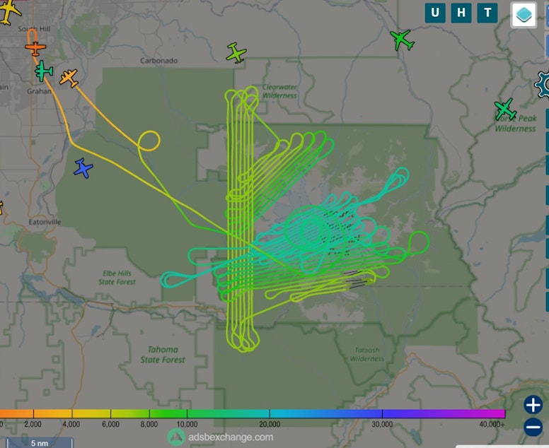 caption: The flight path of an Owyhee Air Research plane over Mount Rainier National Park on Sept. 21