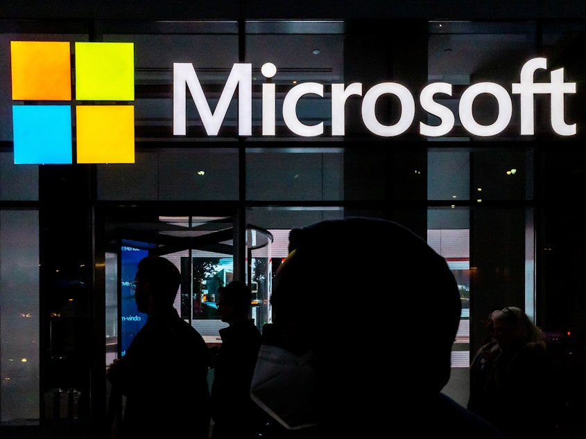 caption: A signage of Microsoft is seen on March 13, 2020 in New York City. The U.S. government and Microsoft recently revealed that Chinese hackers broke in to online email systems and stole some unclassified information.
