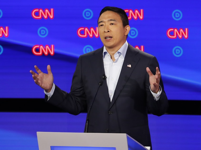 caption: Andrew Yang participates in the second of two Democratic presidential primary debates hosted by CNN last month in Detroit.