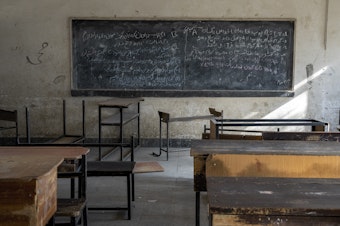 caption: A classroom that previously was used for girls sits empty in Kabul, Afghanistan, Thursday, Dec. 22, 2022. The country's Taliban rulers earlier this week ordered women nationwide to stop attending private and public universities effective immediately and until further notice.