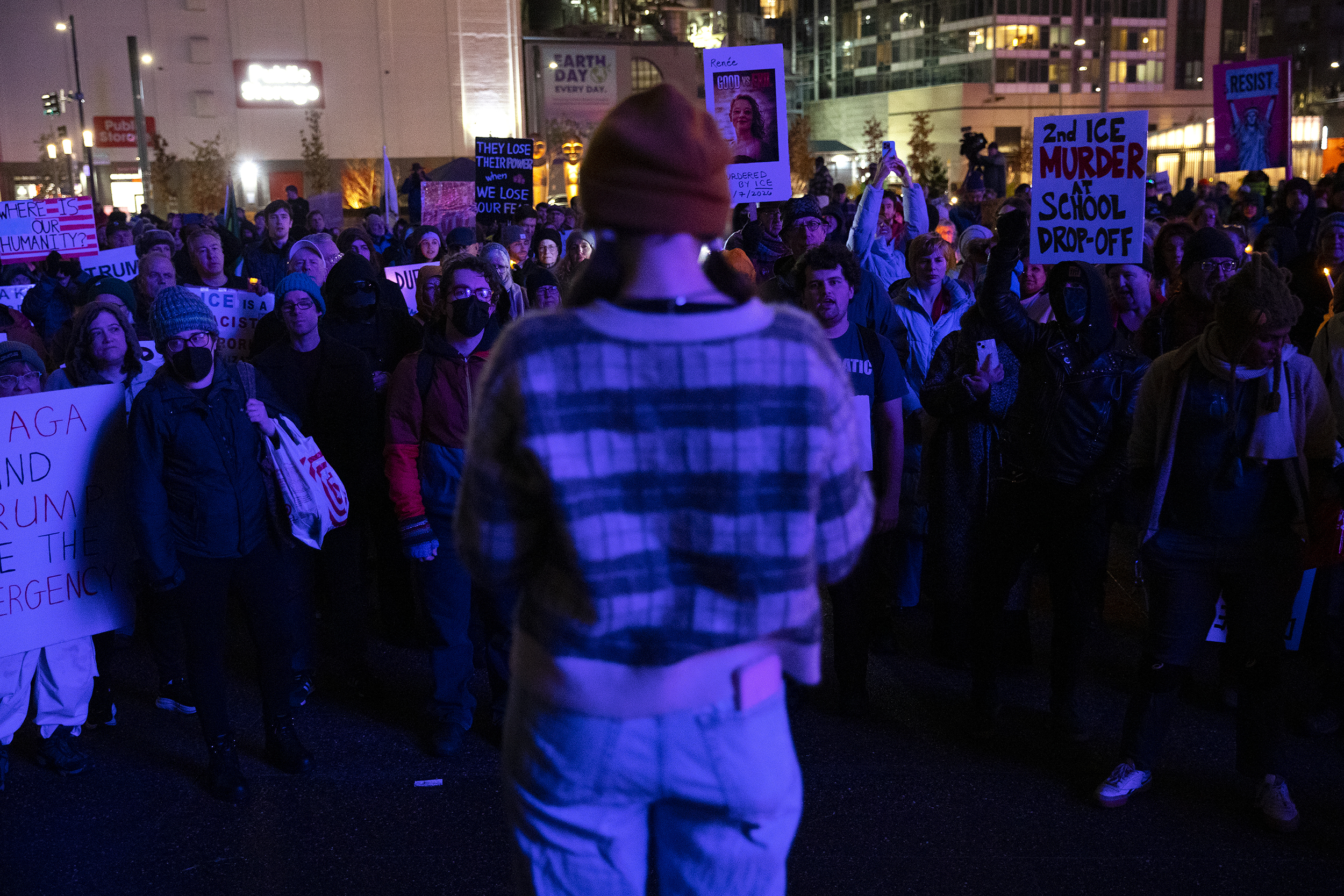 caption: Hundreds gather for a vigil and march honoring Renee Nicole Good on Thursday, January 8, 2026, at Pier 58 in Seattle. 