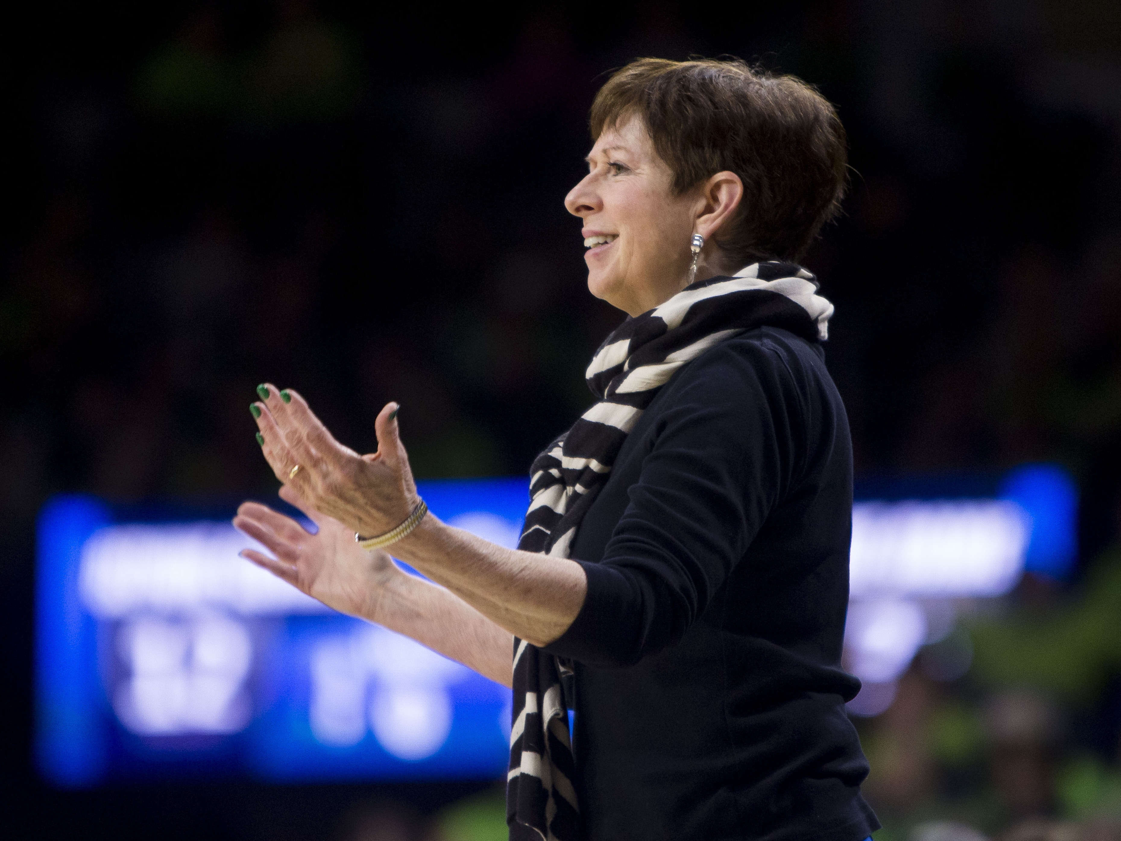 caption: Notre Dame head coach Muffet McGraw questions an official during a game in South Bend, Ind., on March 23, 2019. McGraw retired this week after 33 years coaching women's basketball at Notre Dame.
