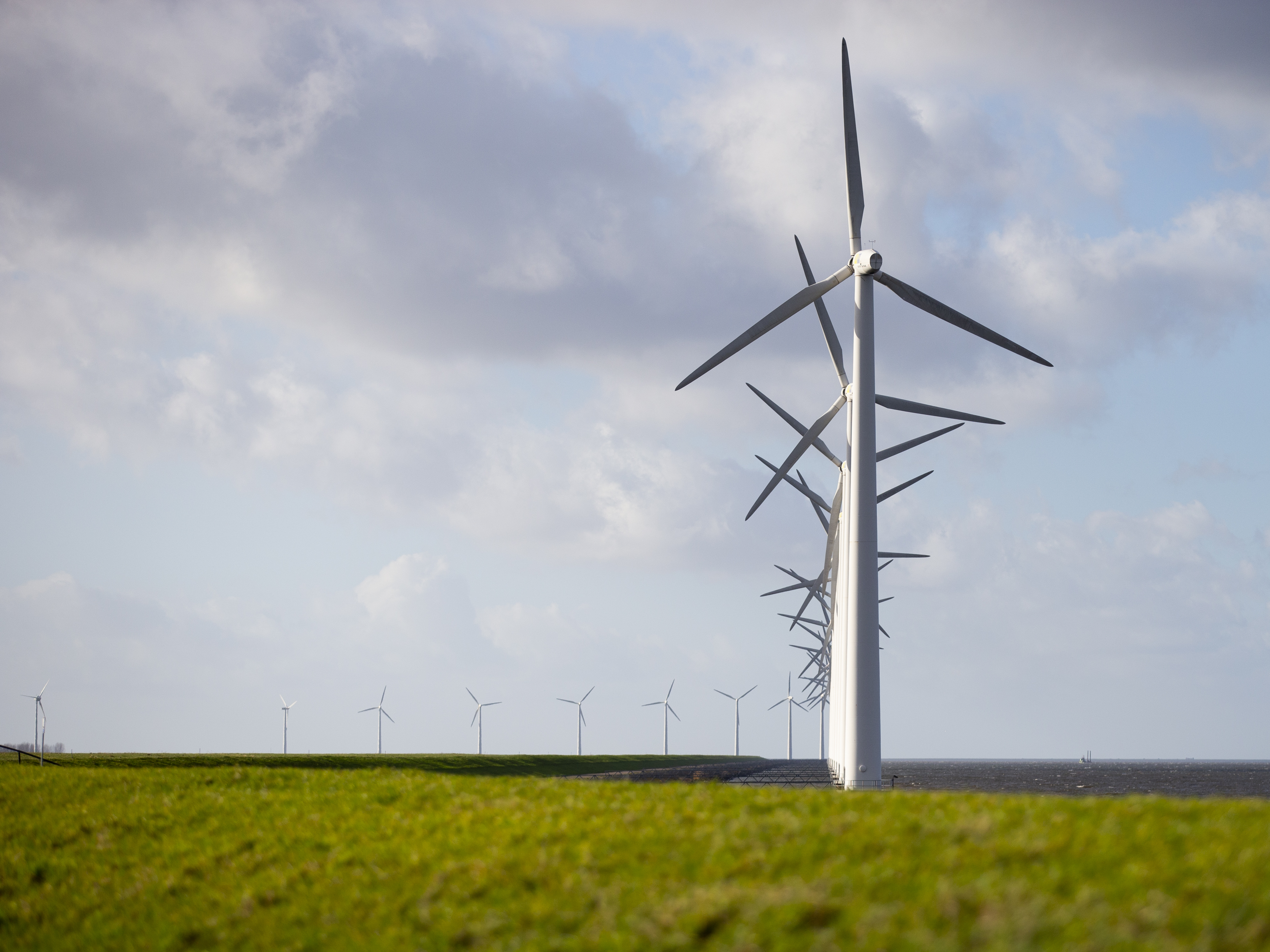 caption: A new International Energy Agency report on climate change calls for halting approval of all new coal power plants this year. Here, wind turbines are seen on a dike near Urk, Netherlands, in January.
