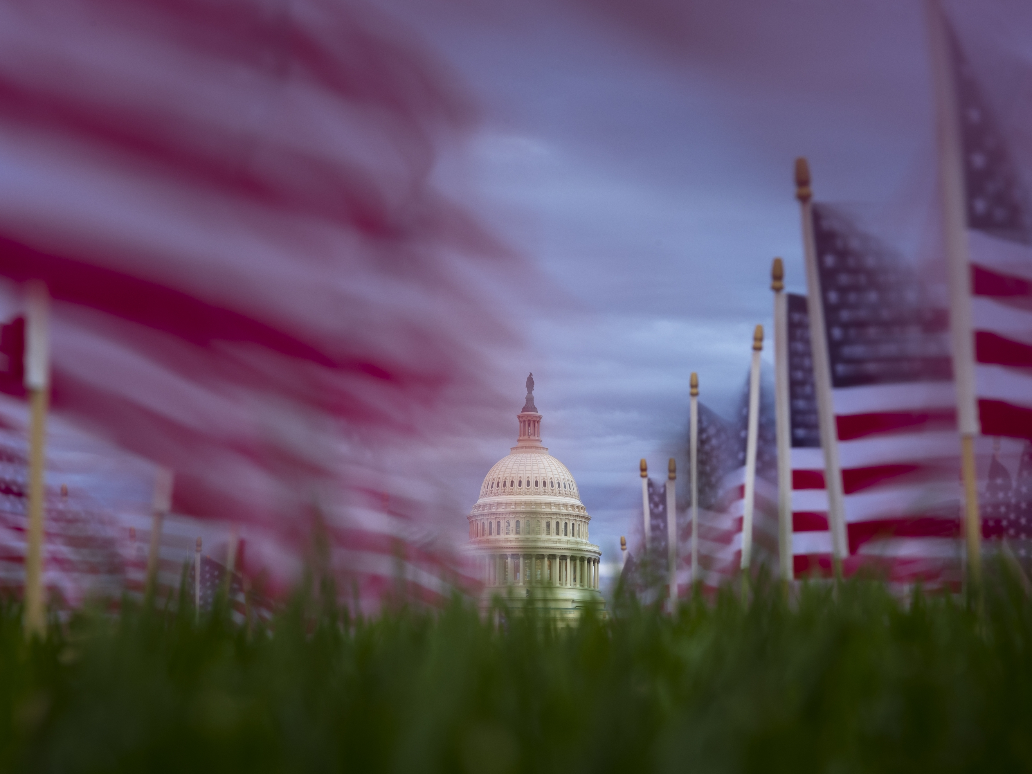 caption: American flags fly in the wind along the National Mall on Nov. 10, 2025 on Capitol Hill in Washington, DC.
