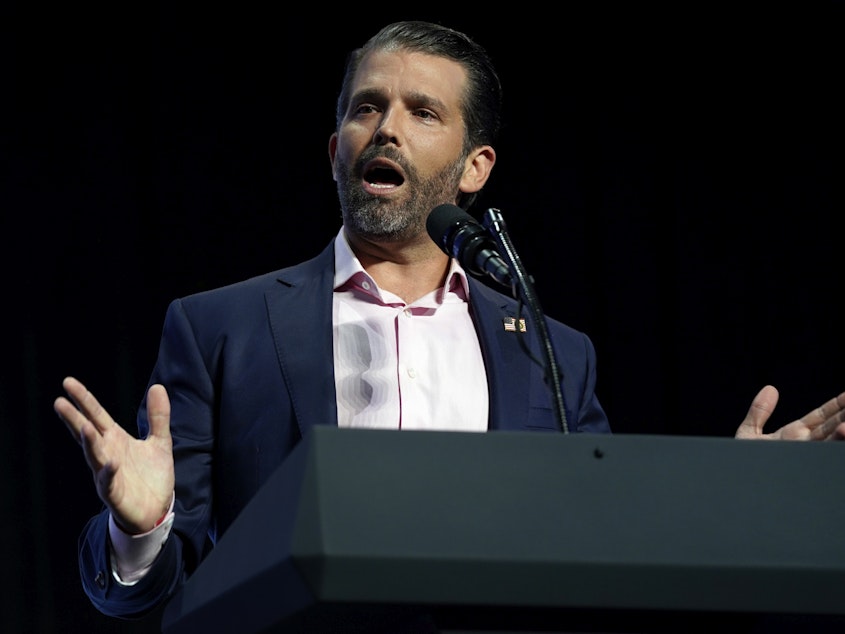 caption: Twitter confirmed that it had placed temporary restrictions on the account of Donald Trump Jr., shown here speaking at an event in Phoenix last month.
