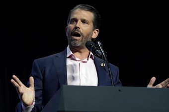 caption: Twitter confirmed that it had placed temporary restrictions on the account of Donald Trump Jr., shown here speaking at an event in Phoenix last month.