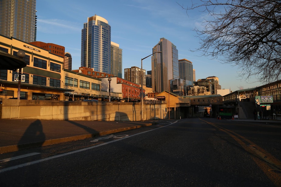 caption: The streets of Seattle are empty in March 2020 during the coronavirus outbreak