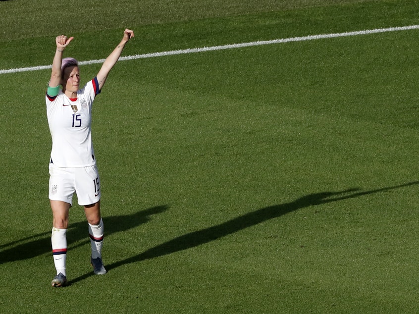 caption: In the 76th minute of the game, United States' Megan Rapinoe powered the ball low and to the left giving the U.S. a 2-1 lead.