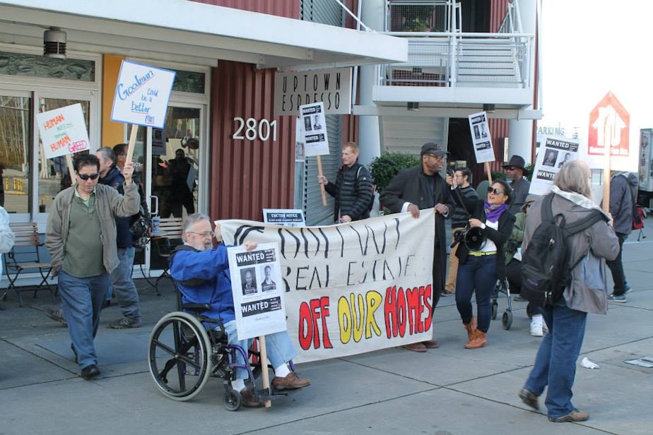 caption: The Theodora Rescue Committee and Lockhaven Tenants Union picketed at the Goodman Real Estate headquarters on Tuesday.