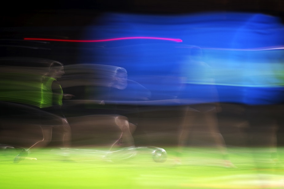 caption: Seattle Reign Academy players practice on Monday, January 29, 2024, at North SeaTac Park.