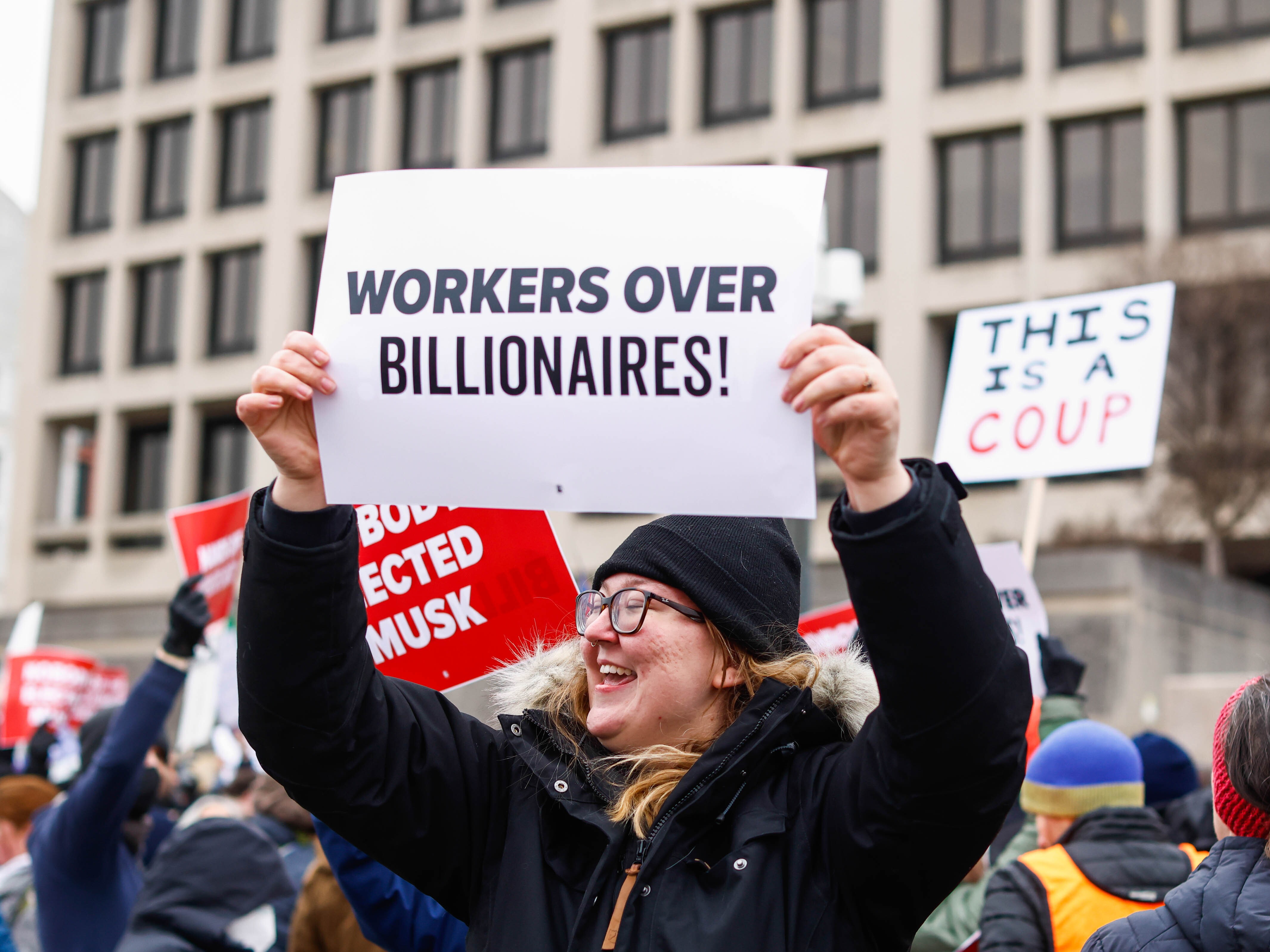 caption: A protest at the U.S. Department of Labor on Feb. 5. (Photo by Kena Betancur/VIEWpress)