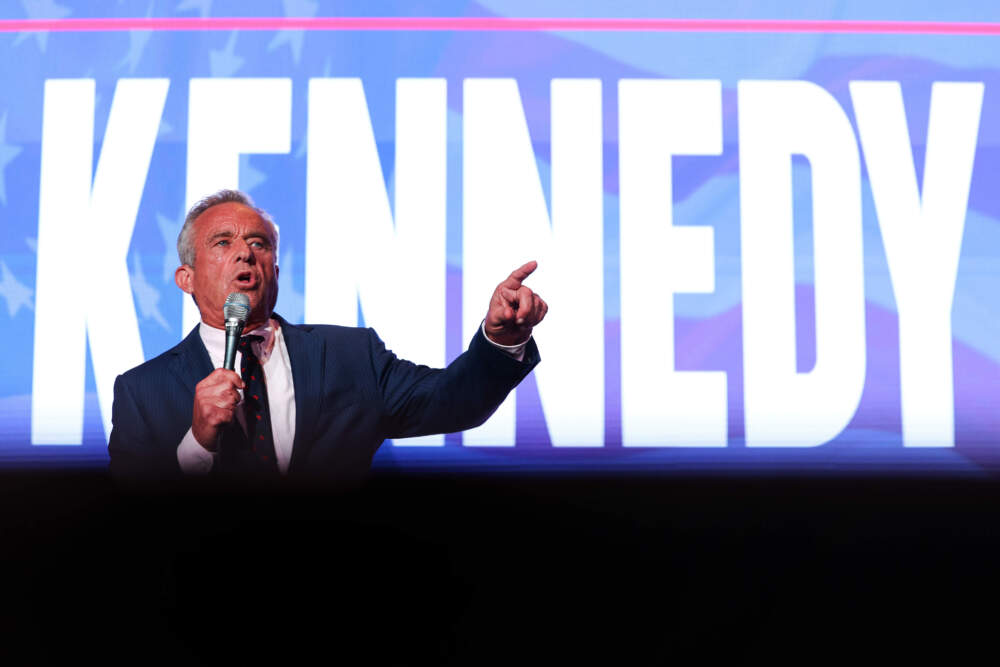 caption: Independent presidential candidate Robert F. Kennedy Jr. speaks at the Libertarian National Convention on May 24, 2024. (Kevin Dietsch/Getty Images)