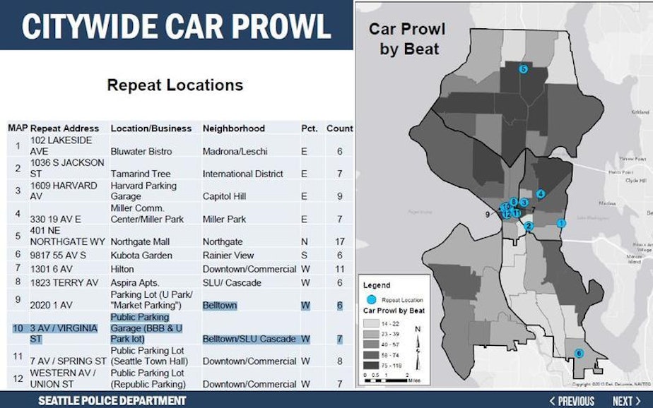 caption: Car prowls are happening repeatedly in certain Seattle locations, according to SPD.