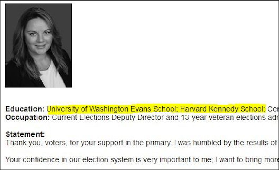 caption: In her listing for King County elections director in the county voters' pamphlet, Julie Wise lists "University of Washington Evans School" and "Harvard Kennedy School." 