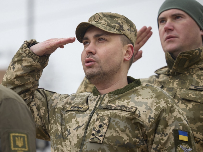 caption: In this file photo, Maj. Gen. Kyrylo Budanov, Ukraine's military intelligence chief, center, attends a commemorative event on the occasion of the Russia Ukraine war one year anniversary in Kyiv, Ukraine, on Feb. 24, 2023.