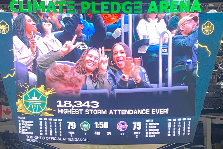 caption: The Seattle Storm set an attendance record May 23, 2024, hosting 18,343 fans, more than Sue Bird's last home game (the previous record). Basketball rookie Caitlin Clark was visiting with the Indiana Fever that evening. 