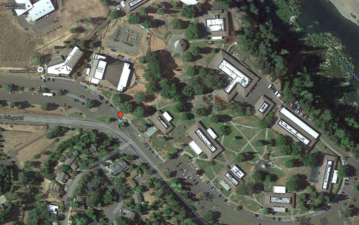 caption: An aerial view of the Umpqua Community College campus, where a mass shooting took place on Thursday.