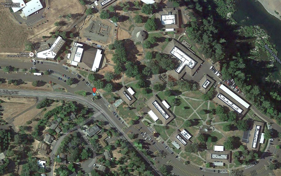caption: An aerial view of the Umpqua Community College campus, where a mass shooting took place on Thursday.