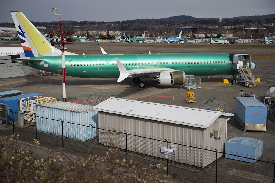 caption: A Boeing 737 aircraft is shown on Thursday, March 14, 2019, at the Boeing Renton Factory in Renton. 