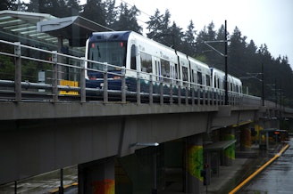 caption: A Link light rail train arrives at South Bellevue Station on Thursday, April 25, 2024, in Bellevue. The new East Link Extension opens to the public on Saturday. 