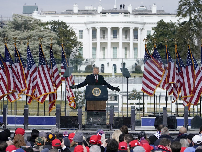 caption: In this Jan. 6, 2021, file photo with the White House in the background, President Donald Trump speaks at a rally in Washington.