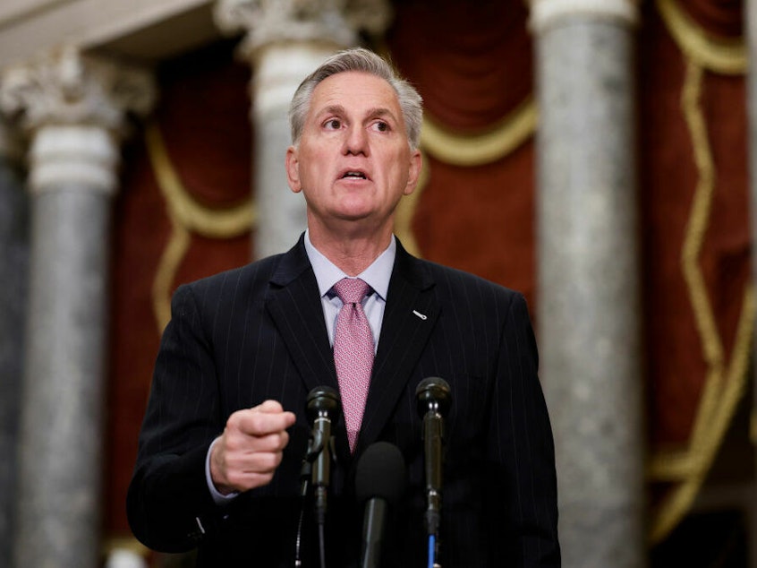 caption: House Speaker Kevin McCarthy, R-Calif., speaks at a news conference in Statuary Hall of the U.S. Capitol Building on Thursday.