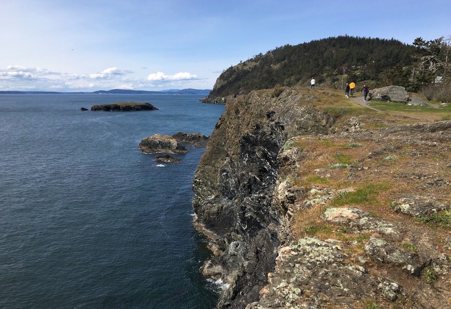 caption: Traditional Samish territory along Rosario Strait as seen from Rosario Head in Deception Pass State Park in April 2022
