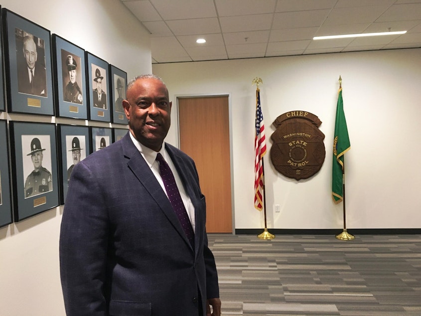 caption: Chief John Batiste has led the Washington State Patrol since 2005. He joined the agency as a trooper in 1976.