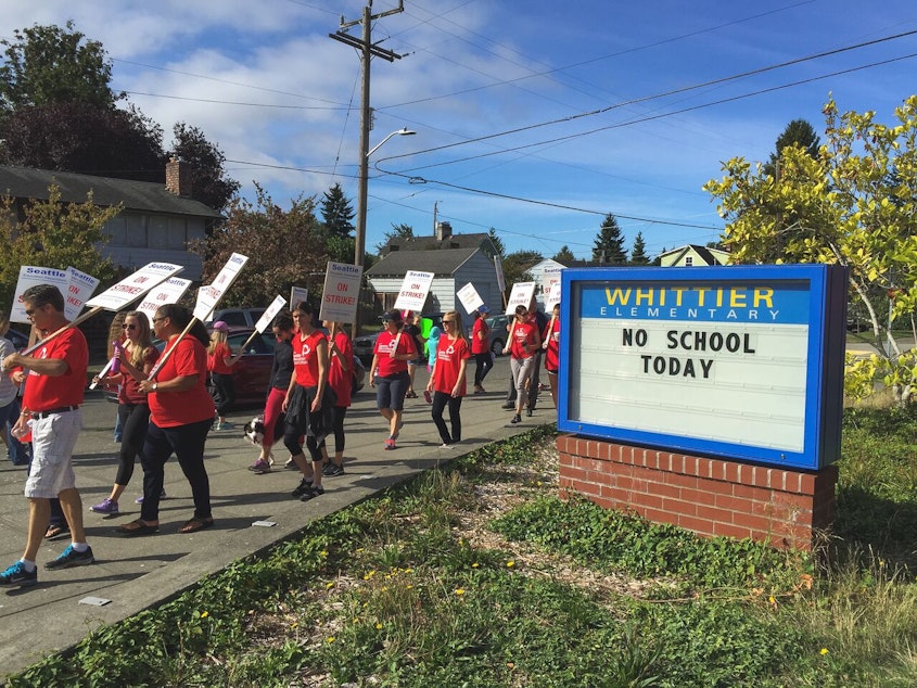 caption: Emily McCann took this Whittier Elementary on the first day of the strike. 