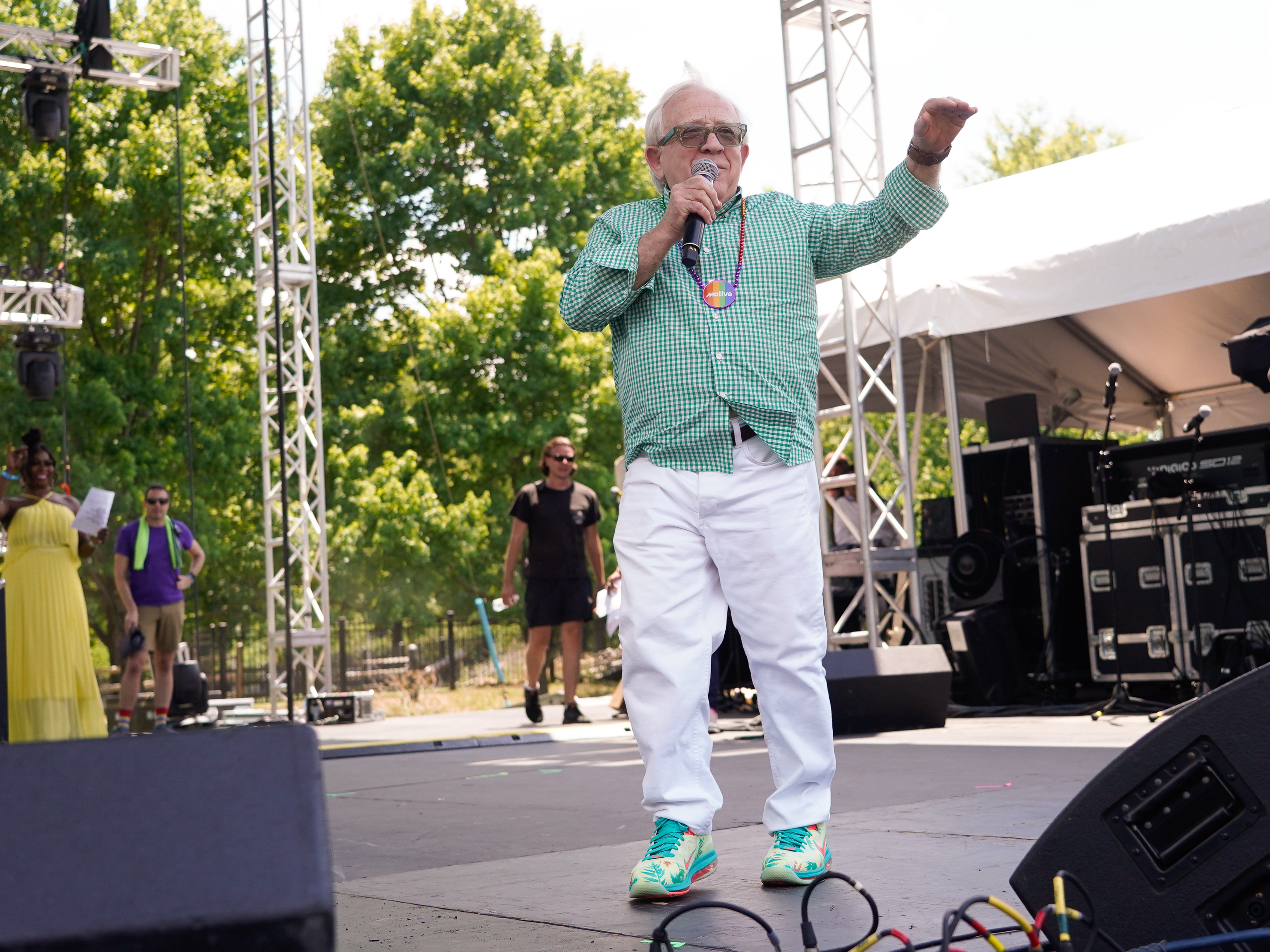 caption: Grand Marshal Leslie Jordan addresses the crowd during day 1 of Nashville Pride 2022 on June 25, 2022 in Nashville, Tenn.