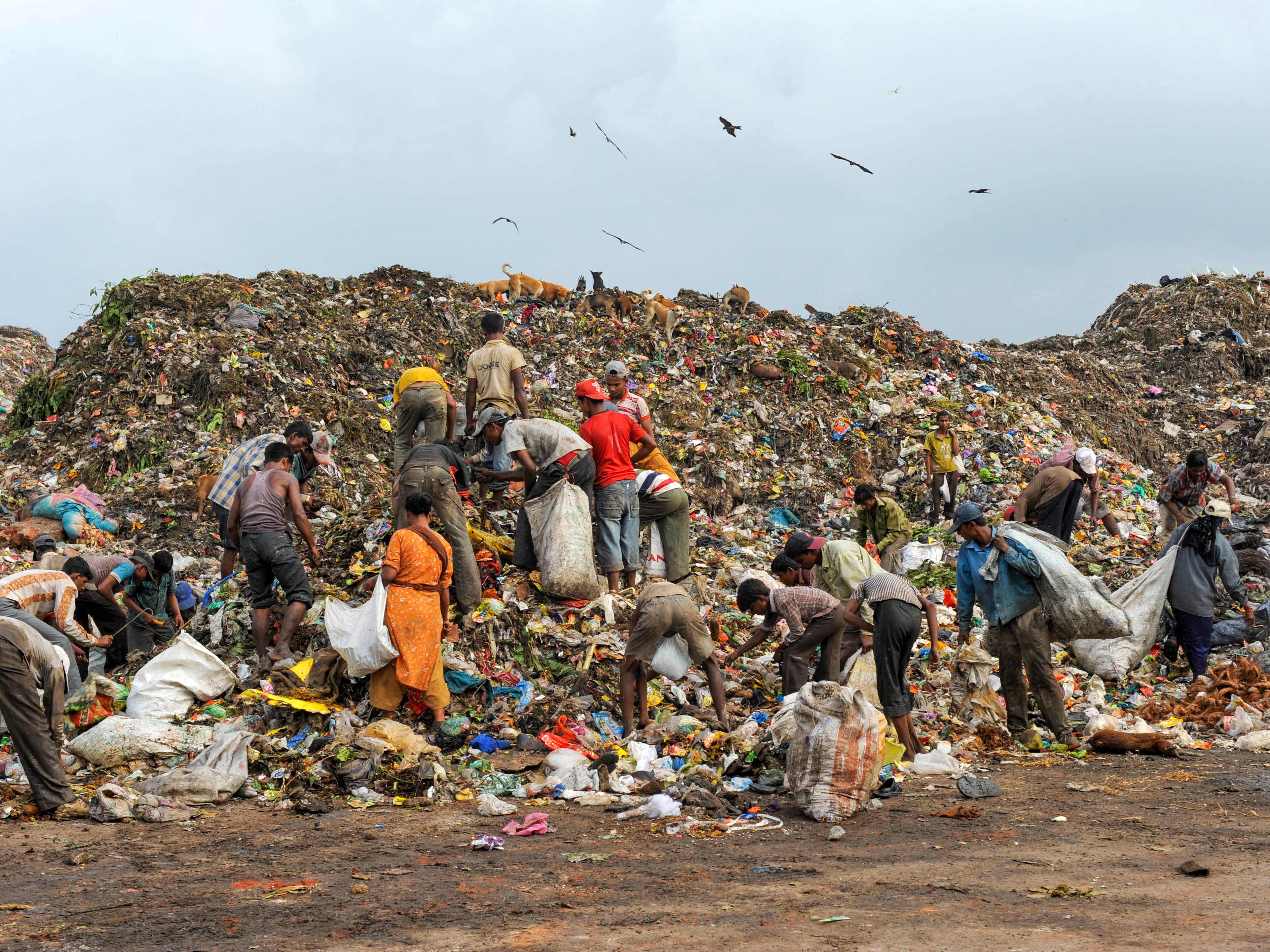 caption: Ragpickers search for recyclable materials like metal and plastic at a dumping ground near Ahmedabad, India, which they'll sell to scrap traders. Working conditions are brutal during severe heat. A new program administered by the Self Employed Women's Association, a trade union, offers a payout for days missed when the temperature hits a certain threshold so the ragpickers can stay home and protect their health without losing income.