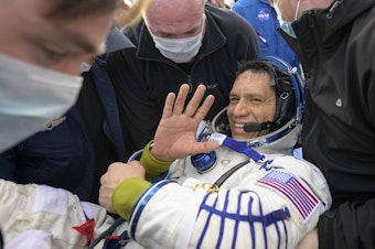 caption: Frank Rubio is helped out of the Soyuz MS-23 spacecraft just minutes after he and cosmonauts Sergey Prokopyev and Dmitri Petelin landed in a remote area of Kazakhstan on Sept. 27, 2023.