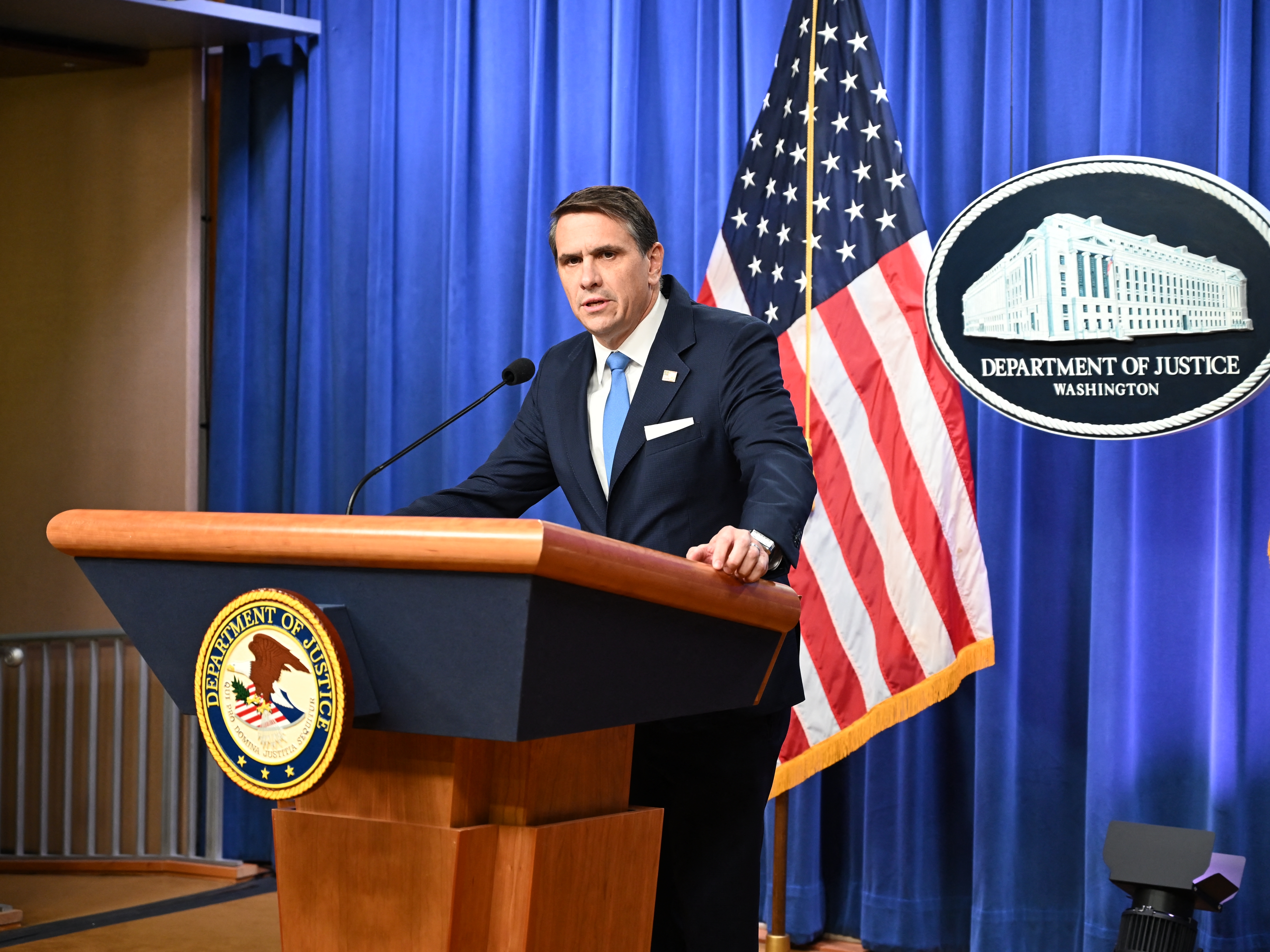 caption: Deputy Attorney General Todd Blanche speaks during a press conference at the Department of Justice on Jan. 30, in Washington, D.C.