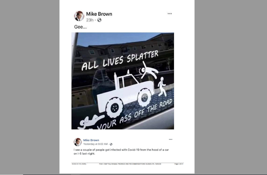 caption: Det. Michael Brown of the King County Sheriff's Office posted this Facebook post following the death and serious injury of two protests on Interstate 5 in Seattle.