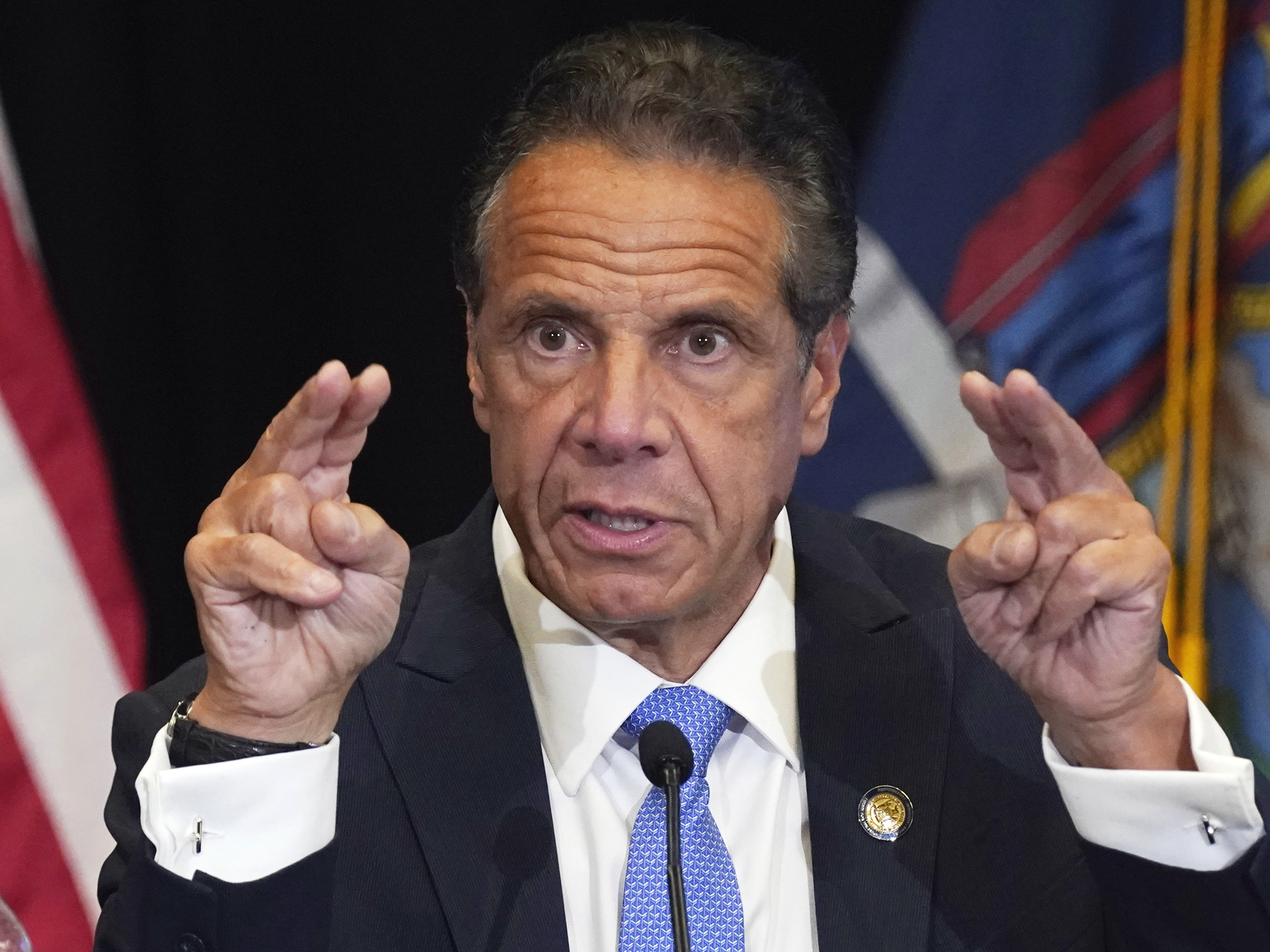 caption: New York Gov. Andrew Cuomo speaks during a news conference at New York's Yankee Stadium, Monday, July 26, 2021.