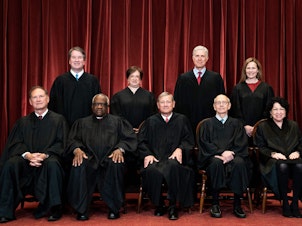 caption: The Supreme Court pictured in a photo from 2021. Justice Steven Breyer is set to retire at the end of the term. President Joe Biden has pledged to seat a Black woman on the court.