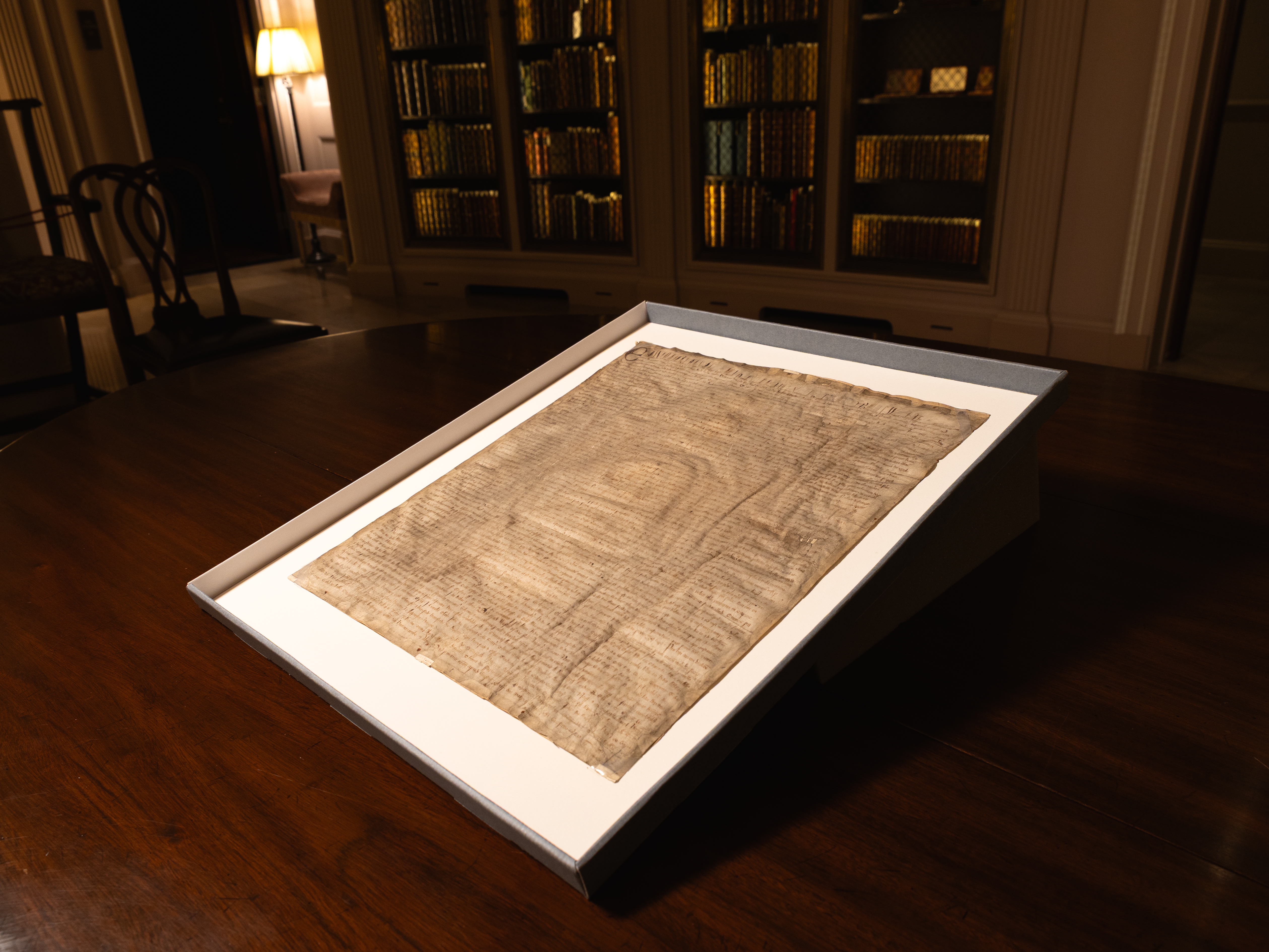 caption: A copy of the 1300 version of the Magna Carta on display at the Harvard Law School.