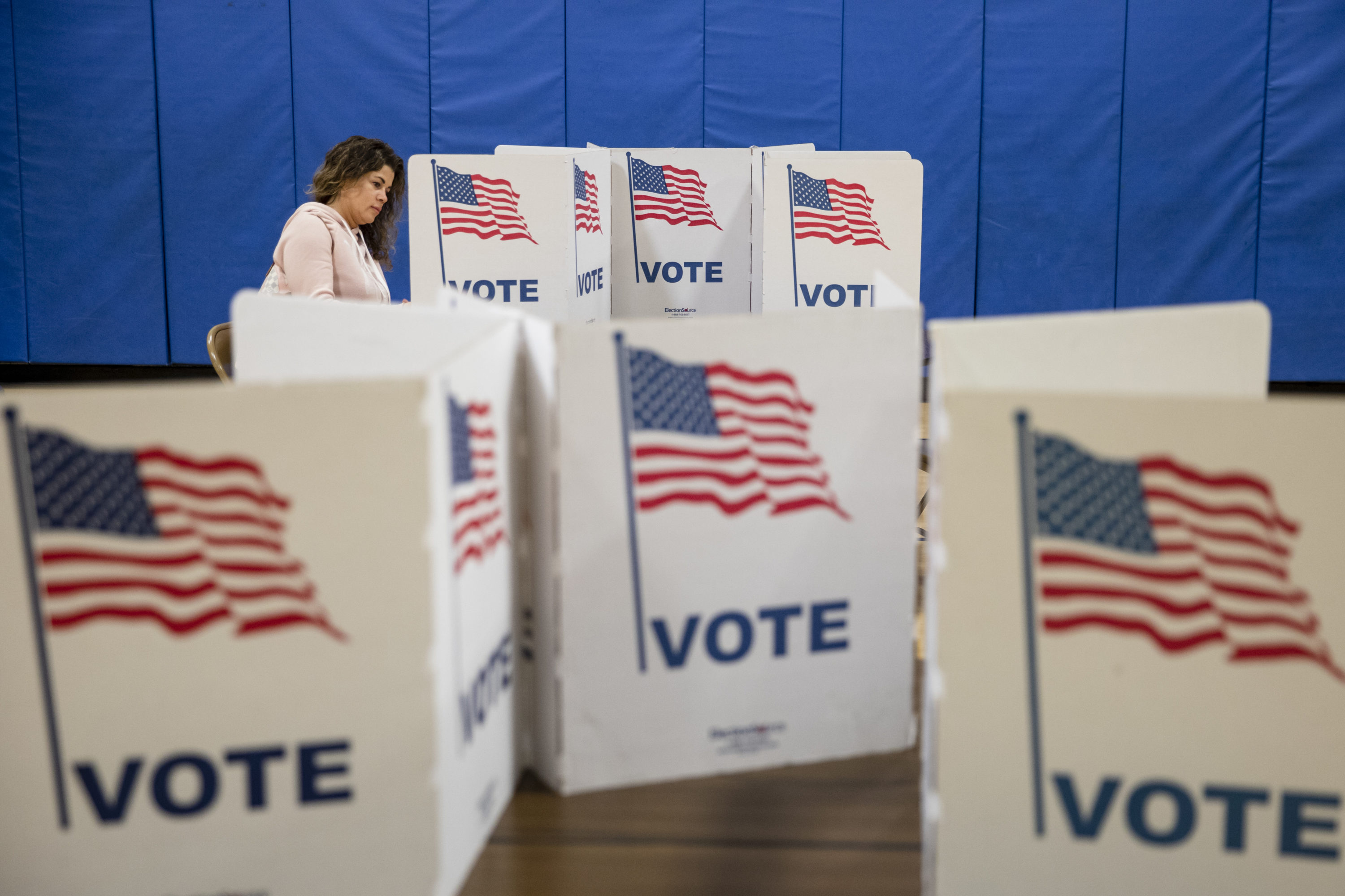 caption: A woman marks down her vote on a ballot for the Democratic presidential primary election at a polling place in Armstrong Elementary School on Super Tuesday, March 3, 2020 in Herndon, Virginia. 1,357 Democratic delegates are at stake as voters cast their ballots in 14 states and American Samoa on what is known as Super Tuesday. (Samuel Corum/Getty Images)