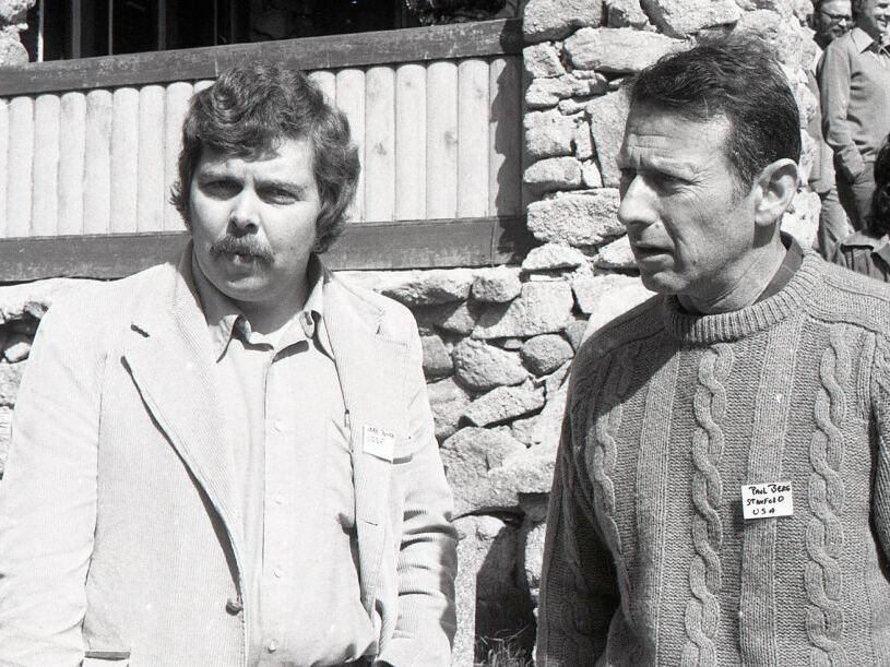 caption: Biochemists Herbert Boyer (UCSF) and Paul Berg (Stanford) at a conference at Asilomar, February 26, 1975.