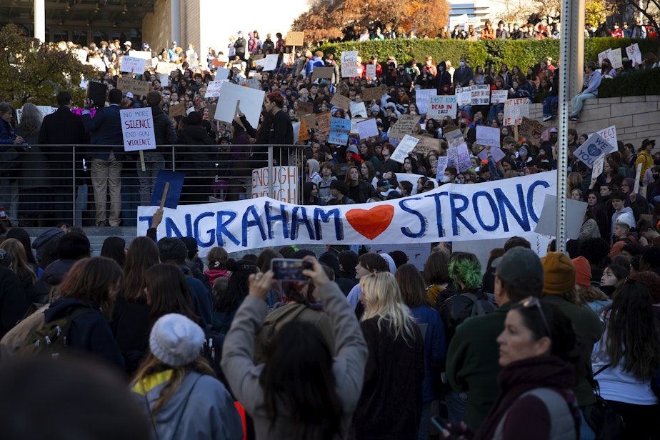 caption: Thousands of students rallied on the steps of Seattle City Hall on Monday, November 14, 2022, after walking out of class in protest of gun violence in schools. Less than one week ago, a deadly shooting occurred at Seattle's Ingraham high school. 