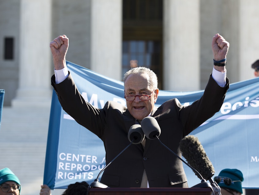 caption: Senate Minority Leader Chuck Schumer speaks Wednesday at an abortion-rights rally outside the U.S. Supreme Court in Washington. Inside the court, justices heard argument in the first major abortion case of the Trump era. Schumer's remarks Wednesday critical of the court's two Trump-appointed justices drew a rare rebuke from Chief Justice John Roberts.