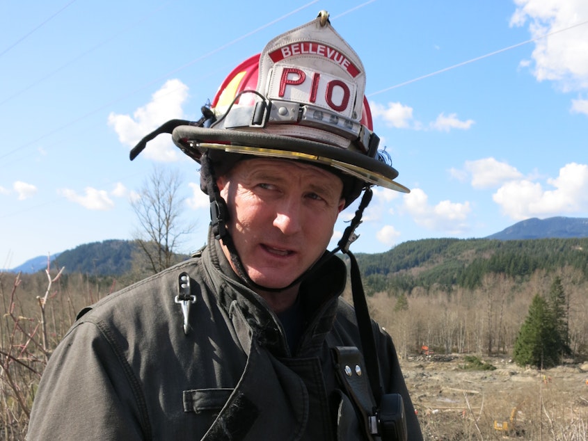 caption: Lieutenant Richard Burke of the Bellevue Fire Department has been out searching in the mudslide debris near Oso, Wash.