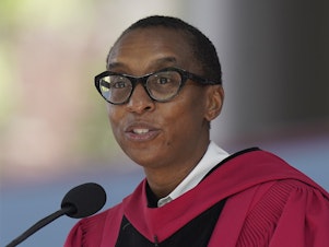caption: Claudine Gay, pictured during commencement ceremonies in May, stepped down as Harvard University's president amid plagiarism accusations and criticism over her remarks at a congressional hearing in December.
